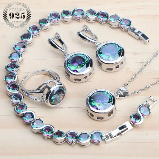 Mystic Topaz Round Stone Jewelry Set Earrings Pendant Necklace and Ring